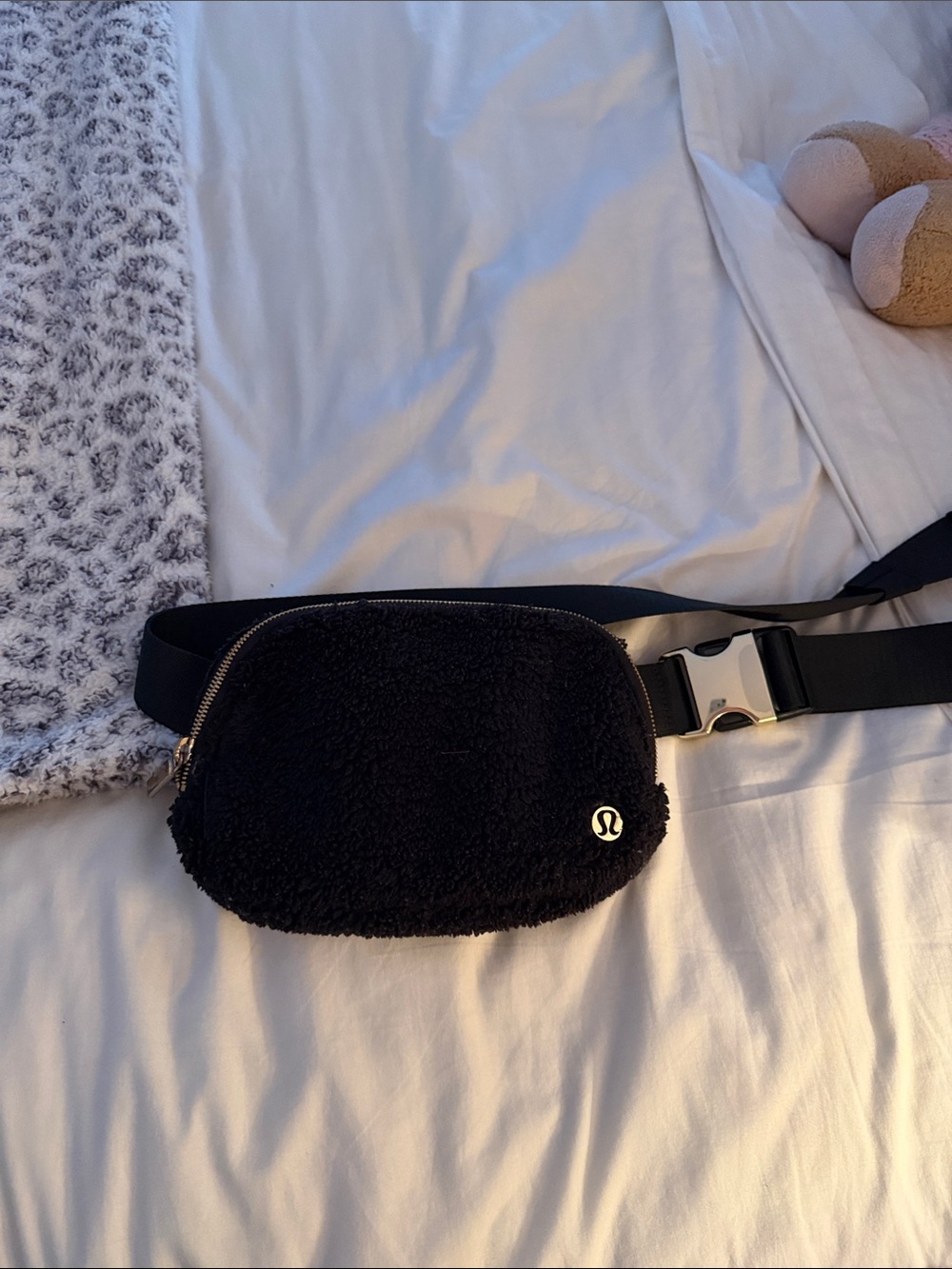Lululemon Black Sherpa belt bag with gold Buckle